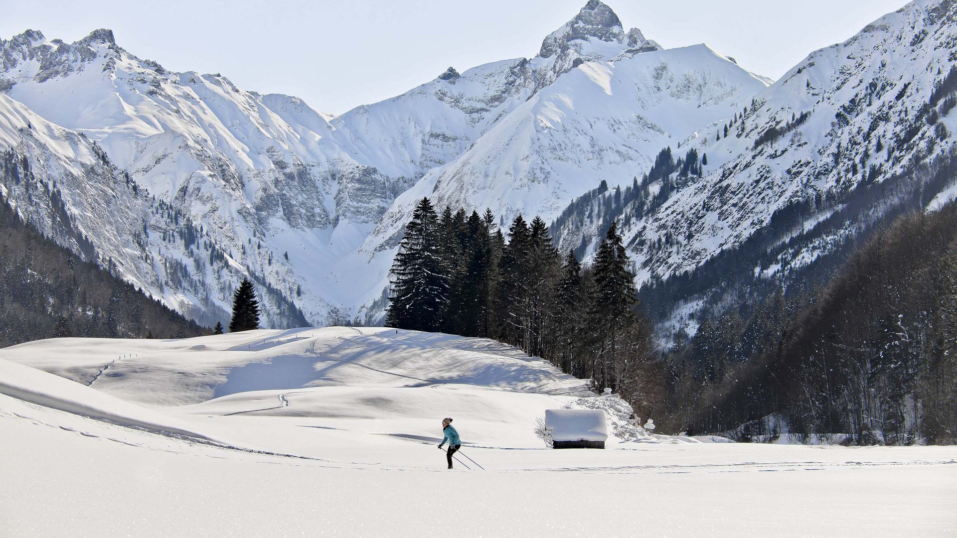 Hahnenköpfle: Ferienwohnung, Lodge und Hotel in Oberstdorf Langläufer in schneebedecktem Tal vor schneebedeckten Bergen und Bäumen
