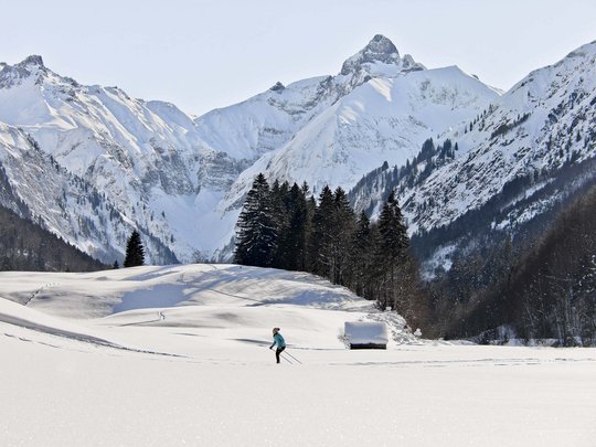 Hahnenköpfle: Ferienwohnung, Lodge und Hotel in Oberstdorf Langläufer in schneebedecktem Tal vor schneebedeckten Bergen und Bäumen